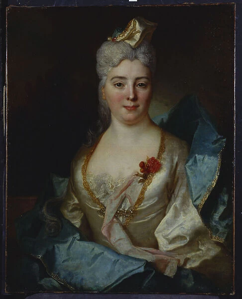 Portrait of a lady, wearing a white dress and a blue cloak (oil on canvas)