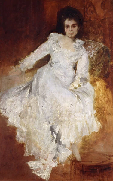 Portrait of a Lady Wearing a White Dress Reclining on a Sofa, (oil on panel)