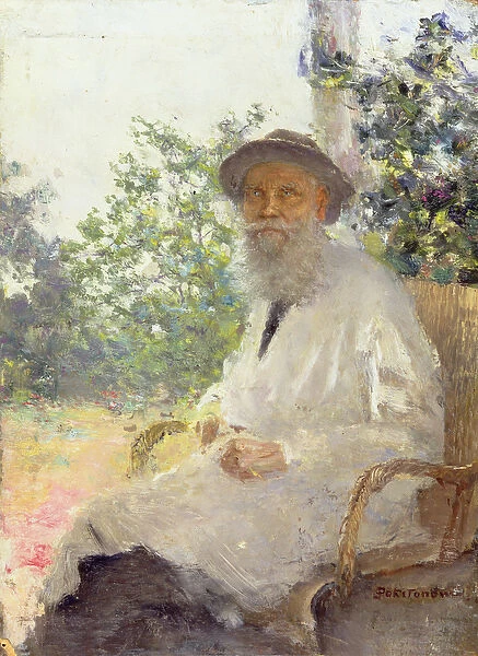 Portrait of Lev Nikolaevich Tolstoy (1828-1910) on the Terrace, 1905 (oil on panel)