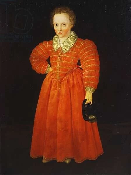 Portrait of a Little Boy, standing full length wearing a Red Dress within a White Lace