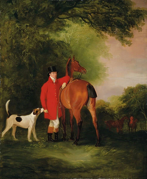 Portrait of Lord Lismore in a hunting coat with his bay hunter and a hound