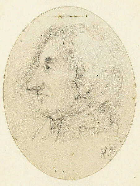 Portrait of Lord Nelson, head and naval collar, in profile.... inscribed with the initials H.N. below, 18th century (graphite)