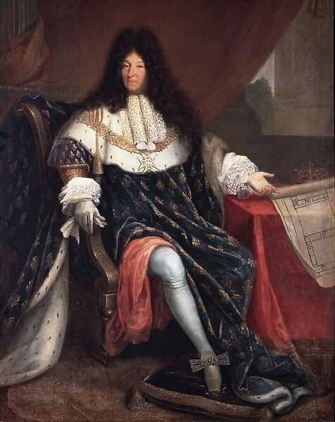 Portrait of Louis XIV holding the plan of the royal house of Saint Cyr (oil on canvas