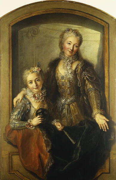 Portrait of Madame Dupille and Her Daughter, Mid-Body, Dressed in Ball Gowns in a Window