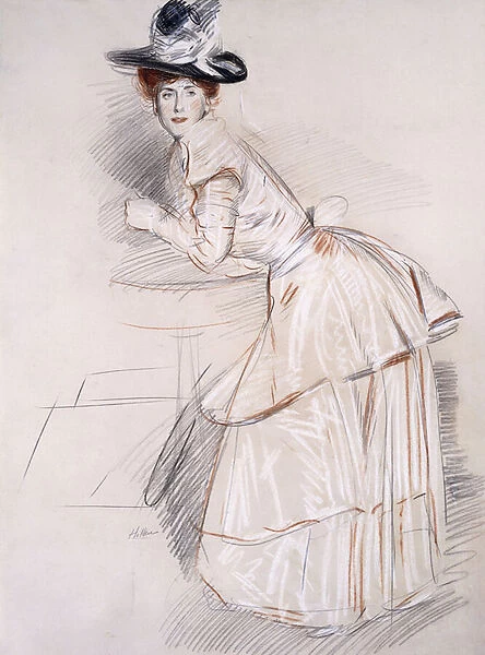 Portrait of Madame Helleu Leaning on a Table, (black, red and white chalks on paper)