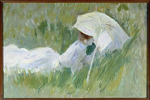 Portrait of Madame Helleu, wife of the painter, in the grass Painting by Paul Cesar
