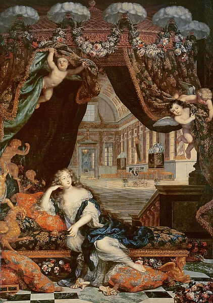 Portrait of Madame de Montespan (1640-1707) reclining in front of gallery of the Chateau de Clagny
