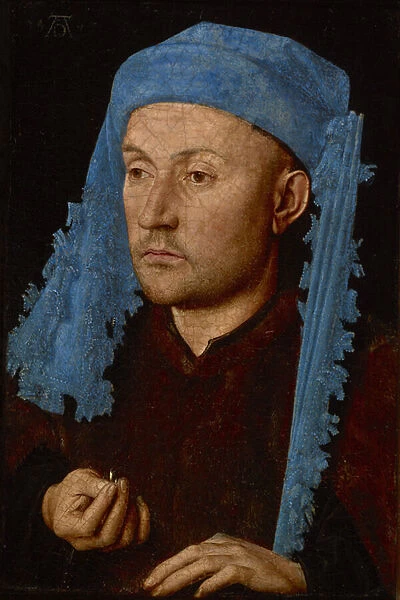 Portrait of a man with a blue chaperon (Man with Ring), c. 1429 (oil on wood)