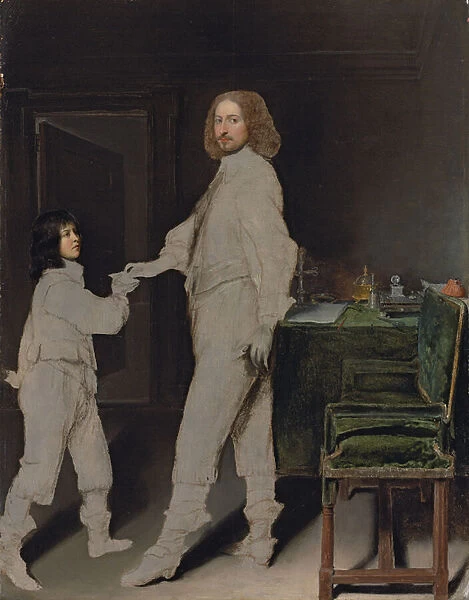 Portrait of a man, full-length, handing a letter to a boy, in an interior (oil on panel)