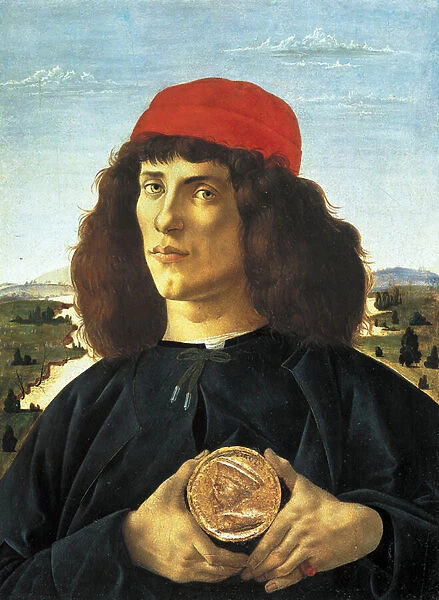 Portrait of man with the medal of Cosme Medicis the Elder (ca. 1475), Painting by Alessandro di Mariano dei Filipepi dit Sandro Botticelli (1445-1510). Florence, Uffizi Museum