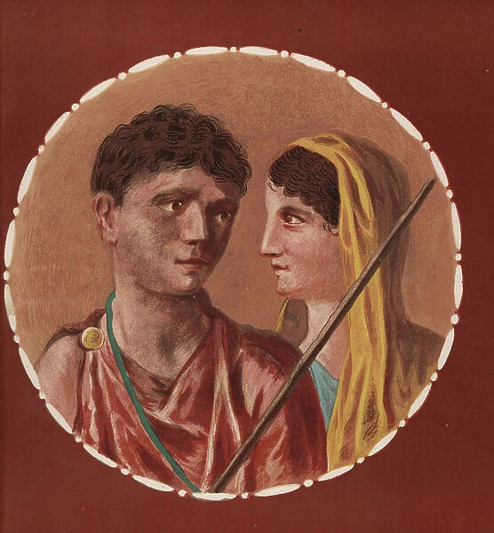 Portrait of a man and woman from an unidentified house in Pompeii. Chromolithograph by Victor Steeger after an illustration by Geremia Discanno from Emile Presuhn (1844-1878) The Most Beautiful Paintings of Pompeii, Leipzig, 1881