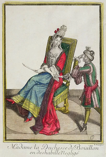 Portrait of Marie-Anne Mancini, Duchess of Bouillon, late 17th century (coloured engraving)