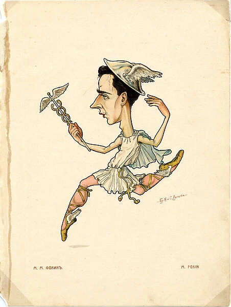 Portrait de Mikhail (Michel) Fokine (1880-1942) danseur et choregraphe russe - Lithographie de Nikolai Gustavovich Legat (1869-1937), extraite de Ballet russe en caricatures