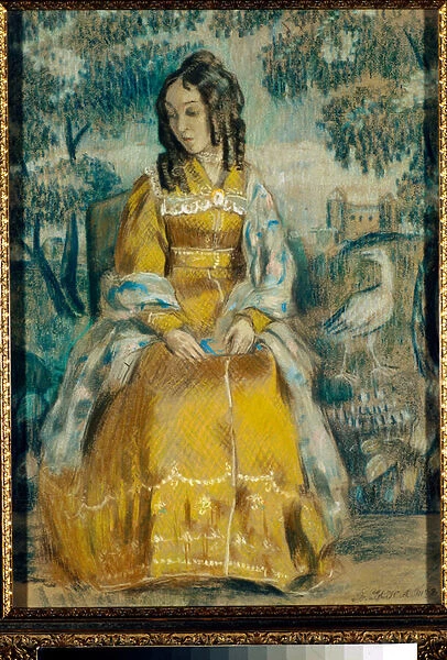 Portrait de Nadezhda Stanyukovich devant une tapisserie, pensive, vetue d une robe a crinoline - Dessin de Viktor (Victor) Elpidiforovich Borisov-Musatov (Borisov Musatov) (1870-1905), 1903, pastel sur papier - Lady by Tapestry