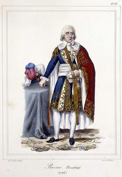 Portrait of Paul de Barras (1755-1829), French politician. 1796 - in 'Collection of costumes, weapons and furniture to serve the history of the French Revolution and the Empire'by Horace Viel-Castel, ed. Canson, 19th century