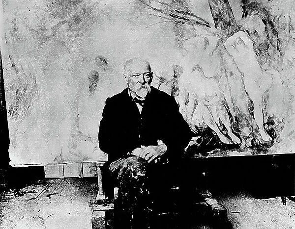 Portrait of Paul Cezanne (1839-1906) in front of his painting The Large Bathers, 1904 (b / w photo)
