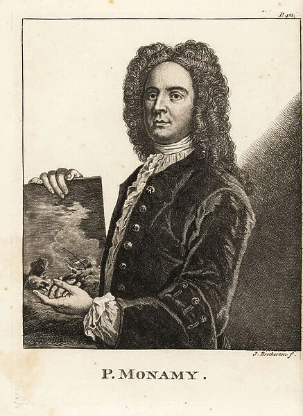 Portrait of Peter Monamy, English marine painter holding a maritime scene, 1681-1749