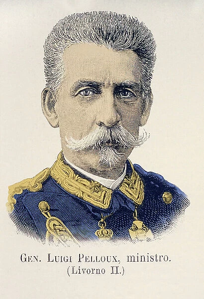 Portrait of the President of the Italian Council of Ministers Luigi Pelloux (1839-1924). His government was very militarist and conservative. Engraving from 1892