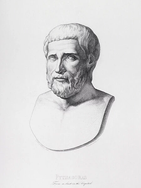 Portrait of Pythagoras (c. 580-500 BC) engraved by B. Barloccini, 1849 (engraving)