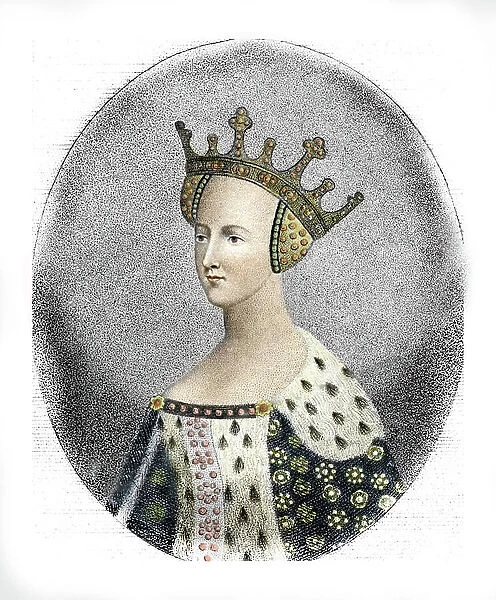 Portrait of Queen Catherine de Valois (colour engraving)