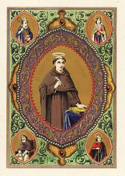 Portrait of Saint Thomas Aquinas, with halo, quill pen and Bible, in a decorative border of foliage and gilt