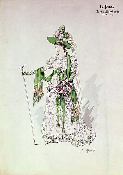 Portrait of Sarah Bernhardt (1844-1923) in a production of La Tosca by Victorien Sardou (1831-1908) at the Lyceum, 9 July 1888 (coloured engraving)