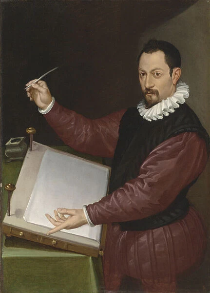 Portrait of a scribe in a red doublet and white ruff (oil on canvas)
