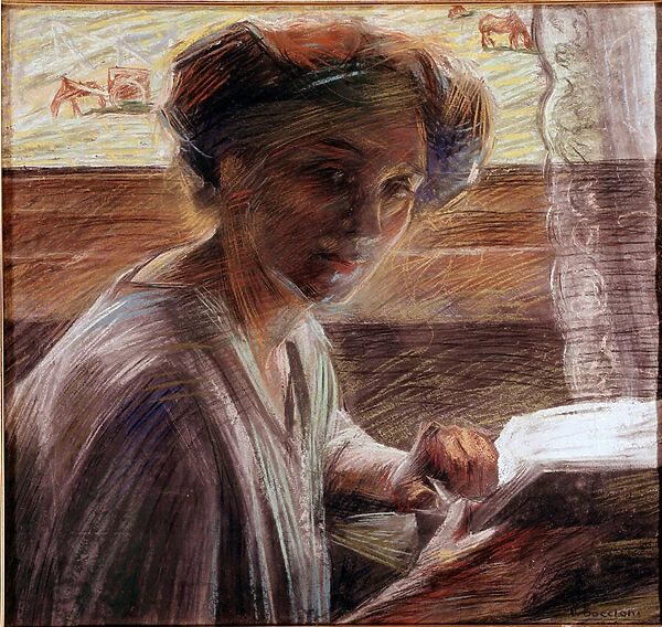 Portrait of the sister of the painter reading Pastel painting by Umberto Boccioni