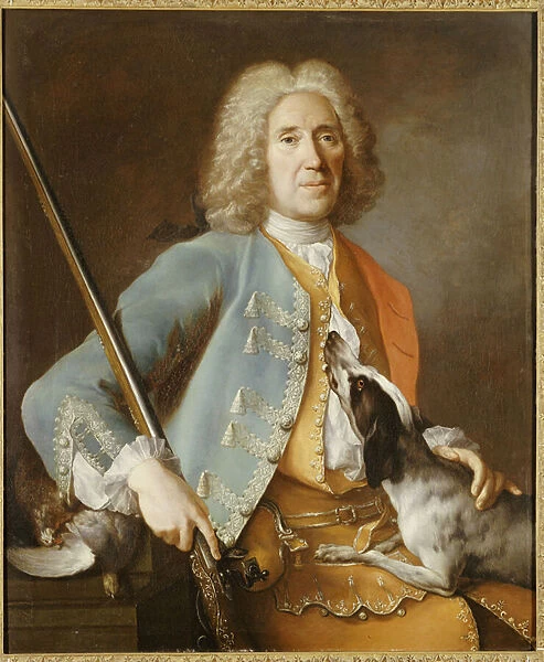 Portrait of a Sportsman holding a Gun with a Hound (oil on canvas)