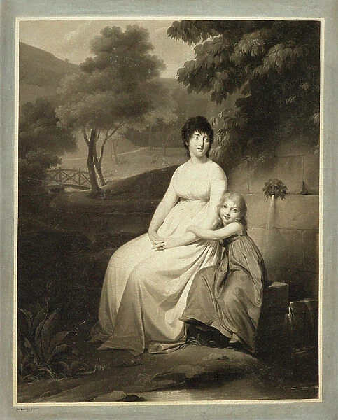 Portrait of Theresa Tallien and her daughter in a park, 1810s (lithograph)