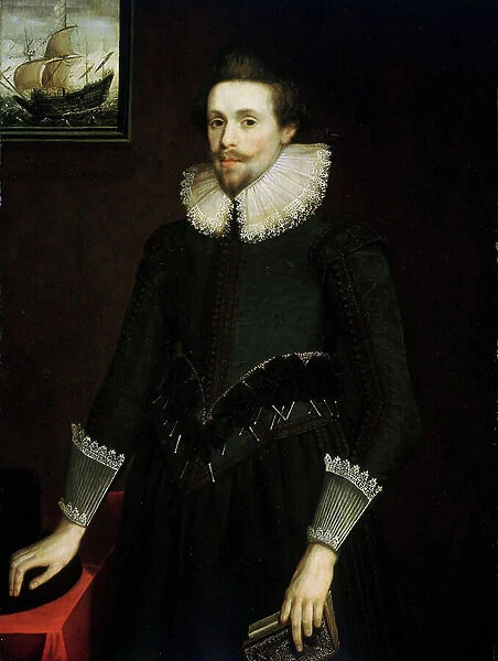 Portrait of an unidentified naval officer, aged 24. Oil on canvas, 1619, English school