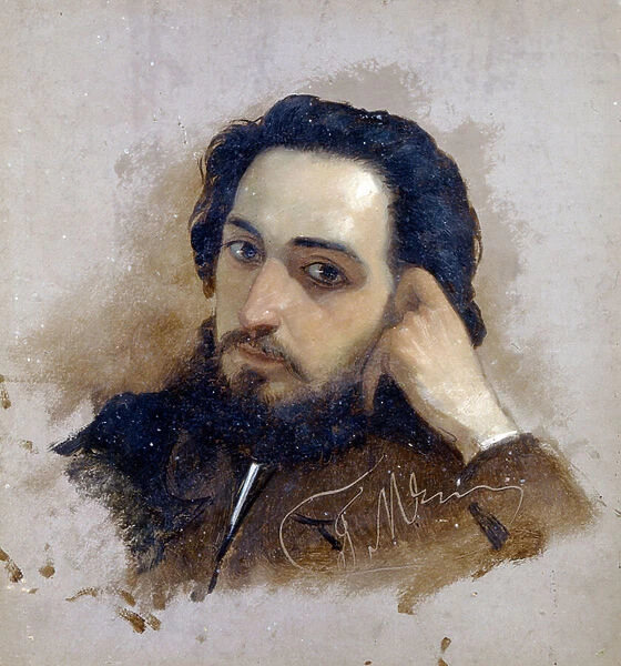 Portrait de Vsevolod Mikhailovitch Garchine (1855-1888), ecrivain russe (Portrait of the author Vsevolod Garshin). Peinture de Grigori (Grigoriy, Grigory) Grigoryevich Myasoyedov (Myasoedov, Miasoedov) (1834-1911) - Huile sur carton - Kislovodsk