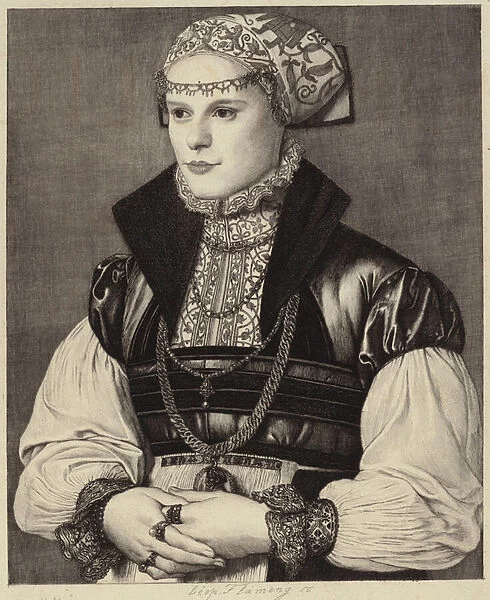Portrait of a woman in 16th century clothing (engraving)