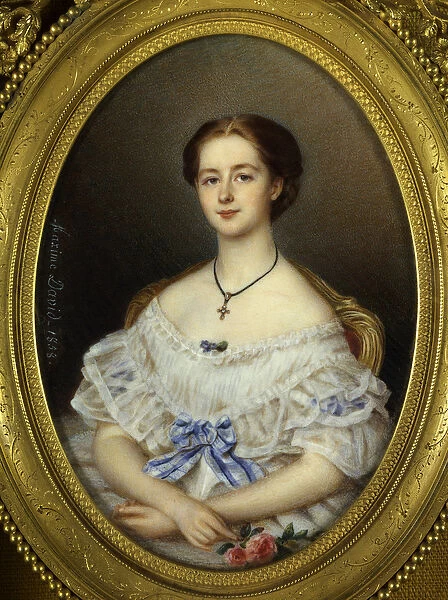 Portrait of woman with blue ribbon Painting by Maxime David (19th century) 1858 Paris