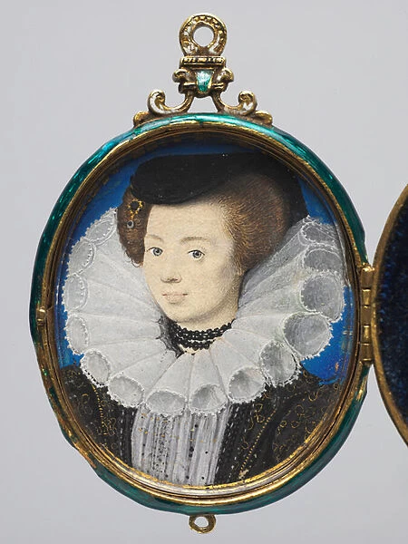 Portrait of a Woman, c. 1593 (w  /  c on vellum in a gold and enamel locket frame)