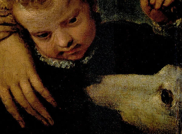 Portrait of a Woman with a Child and a Dog, detail of the heads of the child and the dog