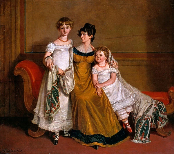 Portrait of a woman with two children in a domestic interior, c. 1815 (oil on board)