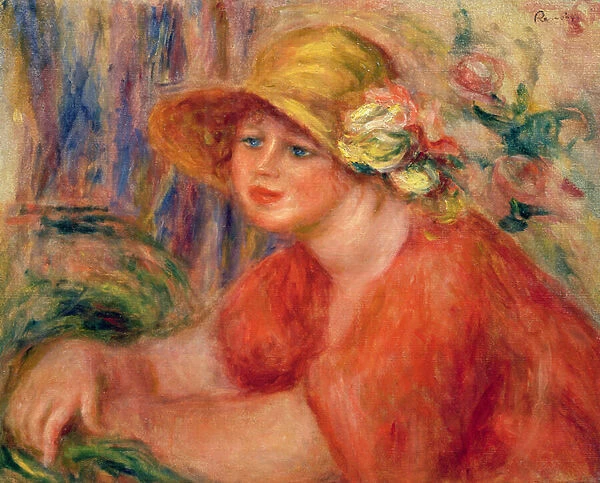 Portrait of a woman in a hat decorated with flowers (oil on canvas)