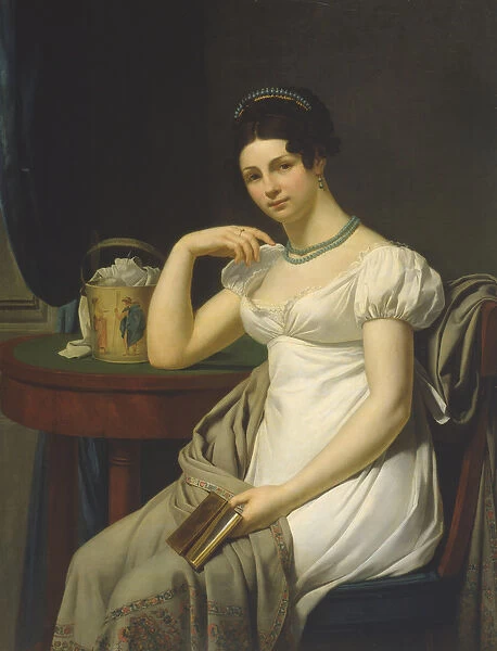 Portrait of a woman in an interior with a work basket (oil on canvas)