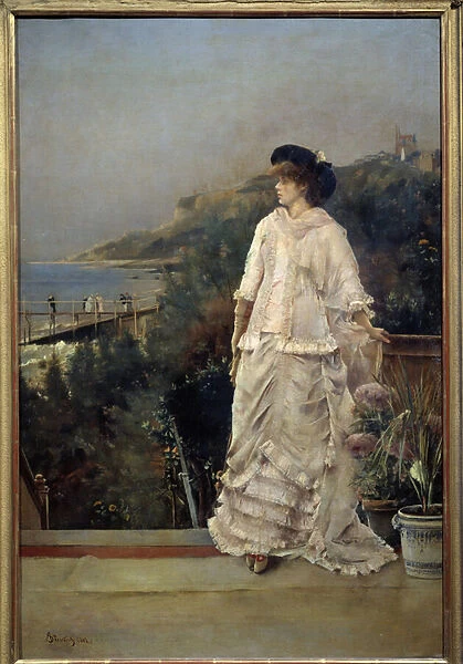 Portrait of a Woman on a Terrace by the Sea Painting by Alfred Stevens (1823-1906