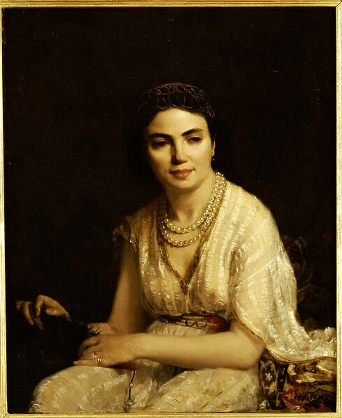 Portrait of a Woman wearing a Pearl Necklace and holding a Fan (oil on canvas)