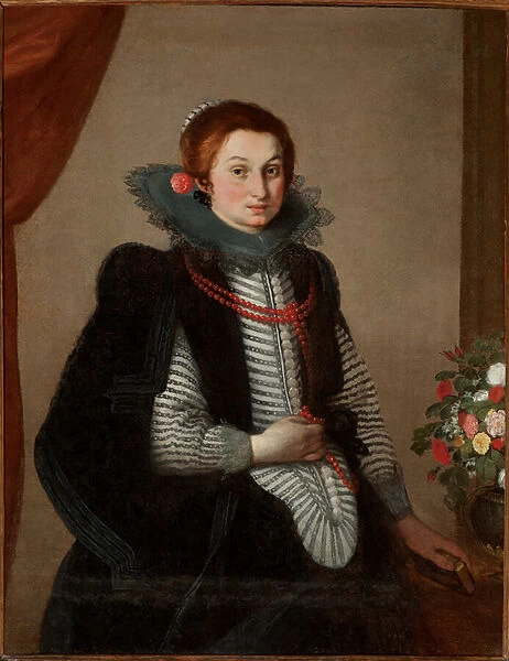 Portrait of young lady with coral necklace (oil on canvas)