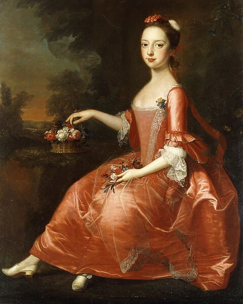 Portrait of a Young Lady, seated full-length, wearing a Red Dress (oil on canvas)
