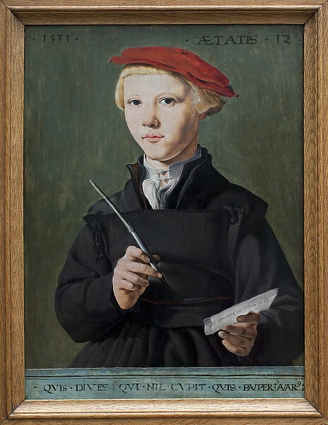 Portrait of a young school boy. painting by Jan Van Scorel (1495-1562), oil on wood, 1531