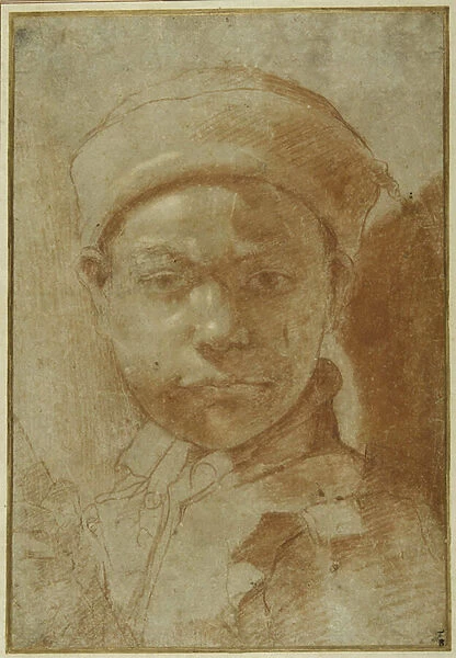 Portrait of a youth, bust-length, wearing a round cap (red chalk on grey paper)