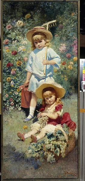 Portraits des enfants de l artiste. (Portrait Of The Artists Children). Representes dans un jardin fleuri en ete, l ainee porte un rateau et un arrosoir, la cadette est assise dans l herbe