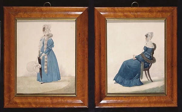 Two portraits of a Seated and a Standing Lady in Blue Dresses, c