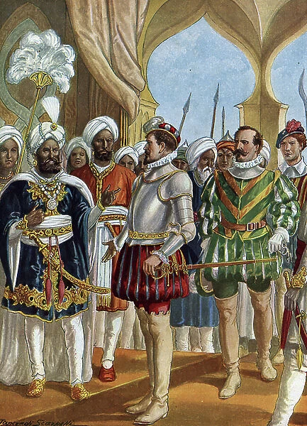 Portuguese navigator Pedro Alvares Cabral (1460-1526) at the court of the king (Zamorin) of Calicut (Kozhikode) on 13 / 09 / 1500 to negociate the establishment of a counter