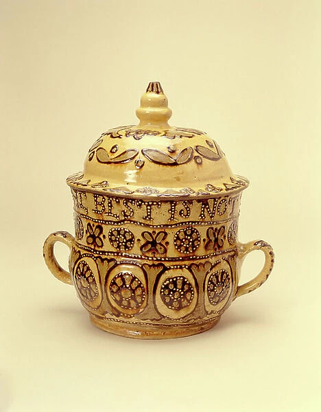 Posset pot, Staffordshire, 1690-1700 (lead-glazed earthenware)