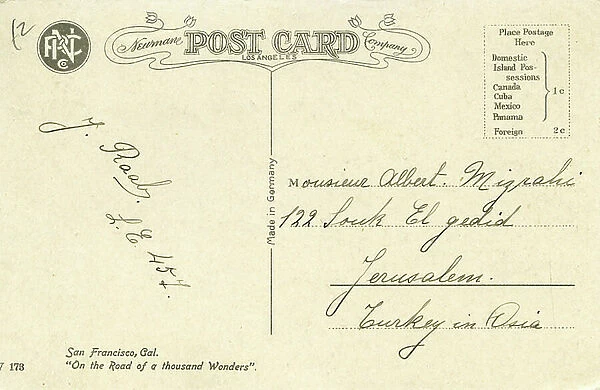 Postcard addressed to Jerusalem late 19th century